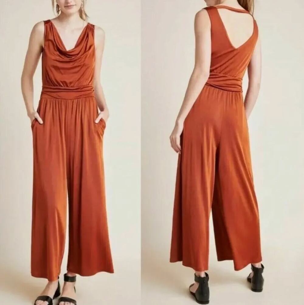 Anthropologie Maeve Enchantment Copper Cowl Neck Cropped Jumpsuit